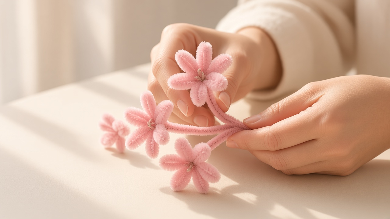 Hands crafting pipe-cleaner blooms